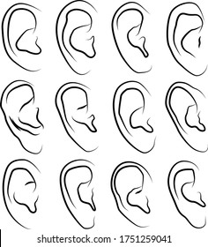 Vector illustrations set of hand drawn black outlines of human ears in various shapes on a white background.