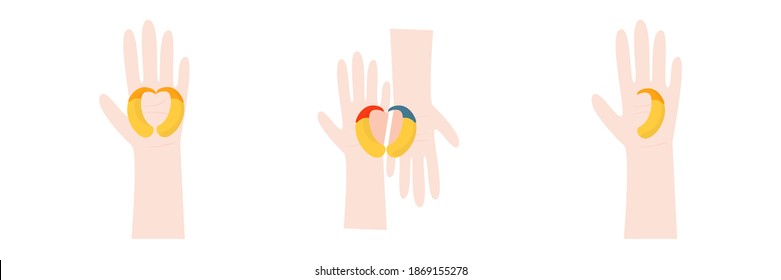 Vector illustrations set of hands holding hearing aid. Deaf awareness concept for medical website or brochure.  World Deaf day. 