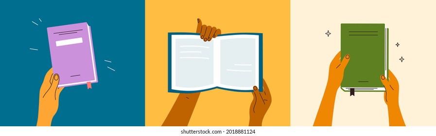 Vector illustrations set of human hands holding open or closed books. Back to school, education, literacy day. Book club member. Poetry lover. Time to reading. Bookstore, library. Morning pages, diary