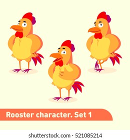 Vector illustrations set includes three standing poses of rooster character in cartoon style