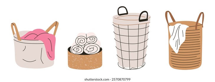 Vector illustrations set of laundry baskets, empty and with clothes or towels. Textile, woven, metal, and modern storage containers. Flat cartoon design, perfect for household themes