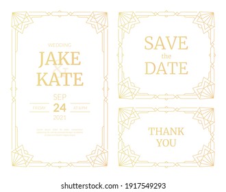 Vector illustrations set of luxury wedding invitation cards with gold gradient. Gold frame. Line art deco vintage geometric pattern wedding template for save the date cards with heart shape corners.
