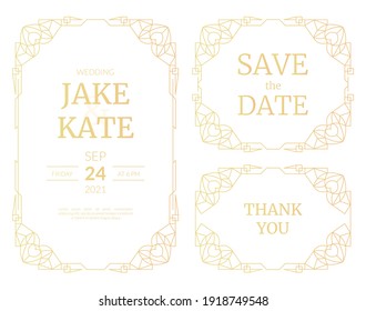 Vector illustrations set of luxury wedding invitation cards with gold gradient. Gold frame. Line art deco vintage geometric pattern wedding template for save the date cards with heart shape corners.