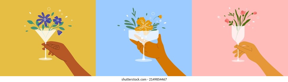 Vector illustrations set of man or woman hands holding champagne, wine or martini glass with blooming flowers. Hello spring abstract art. Cocktail, fresh juice, floral drink. Beach summer party poster