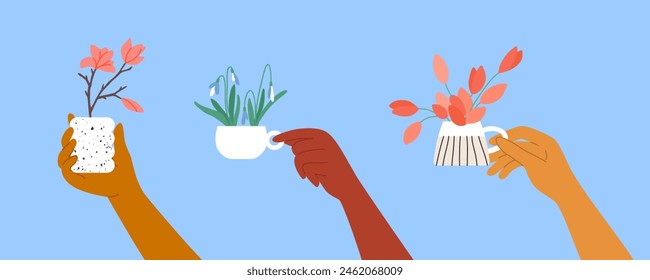 Conjunto de Ilustraciones vectoriales de manos de hombre o mujer sosteniendo la taza de beber y la taza de flores que florecen. Cóctel, jugo fresco, agua de primavera, bebida de flores. Café o té con sabor floral. Primavera, fiesta de verano