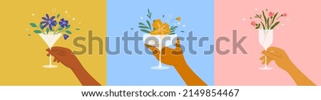 Vector illustrations set of man or woman hands holding champagne, wine or martini glass with blooming flowers. Hello spring abstract art. Cocktail, fresh juice, floral drink. Beach summer party poster