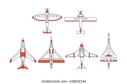 Vector illustrations set of a military airplane models on white background. Aircraft topic.