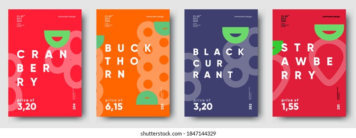 Vector illustrations. Set of minimalistic fruit posters or price tags. Strawberry, blackcurrant, buckthorn, cranberry.