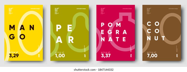 Vector illustrations. Set of minimalistic fruit posters or price tags. Mango, pear, pomegranate, coconut.