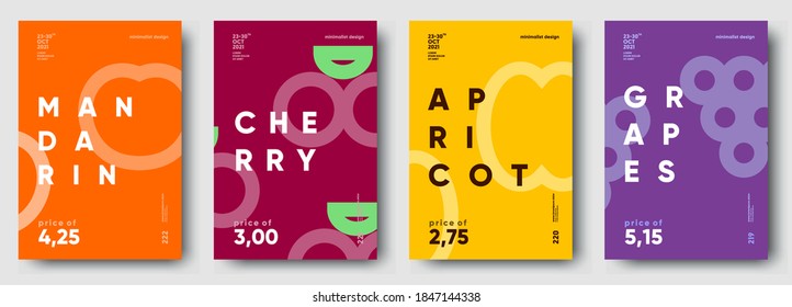 Vector illustrations. Set of minimalistic fruit posters or price tags. Grapes, apricot, cherry, mandarin.