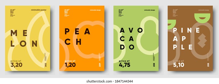 Ilustraciones vectoriales. Conjunto de posters de fruta minimalistas o etiquetas de precios. Melón, melocotón, aguacate, piña.