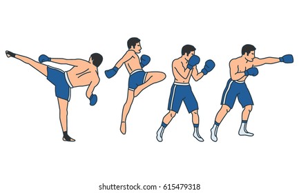 Vector illustrations set of mixed fighting positions on white background. Gymnastics and healthy lifestyle topic.