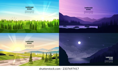 Vector illustrations set. Mountain landscapes in a flat style. Natural wallpapers. Geometric minimalist, polygonal concept. Forest trees, evening scene, path by hills, moonlight by water. Web banner