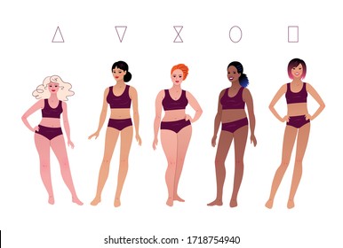 Vector illustrations set of multiethnic characters body-positive female body types isolated on white background.