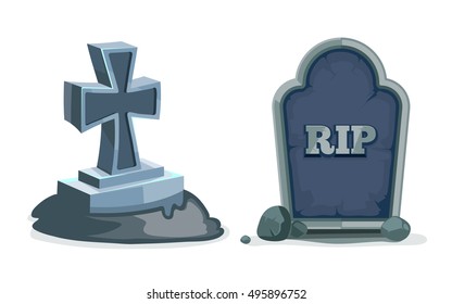 vector illustrations set of Old gravestones with cracks. Pictures isolate on white background. ancient RIP.