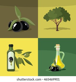 vector illustrations set of Olives, tree, oil botles and leaf isolated on four diferent color backgrounds. Pictures for your personal design project.