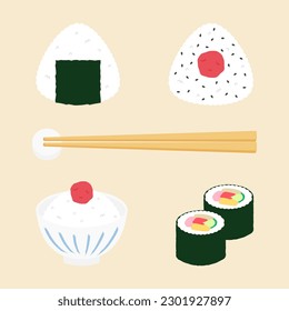 vector illustrations of a set of onigiri, cooked rice, Sushi rolls and chopsticks for banners, cards, flyers, social media wallpapers, etc.