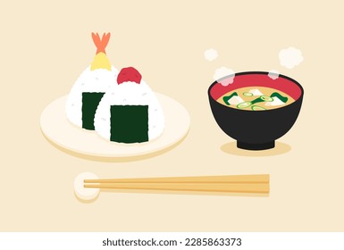 vector illustrations set onigiri  miso soup   chopsticks for banners  cards  flyers  social media wallpapers  etc 