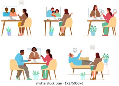 Vector Illustrations Set Of Online And Offline Psychotherapy Sessions With Woman Psychologist. Family Therapy And Individual Treatment.