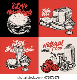 Vector illustrations set: Organic Natural Food set with tomato, pepper, onion rings and milk carton on red background. I love fast food. Milkshake, hamburger and ice cream on beige background.