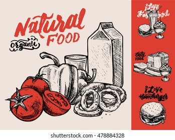 Vector illustrations set: Organic Natural Food set with tomato, pepper, onion rings and milk carton on beige background. 