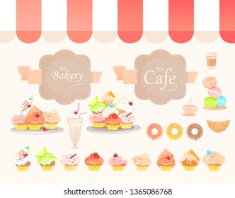 Vector Illustrations Set of Pastry Food from Bakery Muffins or Cupcakes on the Tray, Macarons Cookies, Croissant, Milk Shake Cocktail, Coffe and Tea. Coffe Shop or Bakery Signboard Logo