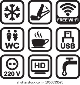 Ilustraciones vectoriales de pictogramas para autobús turístico.