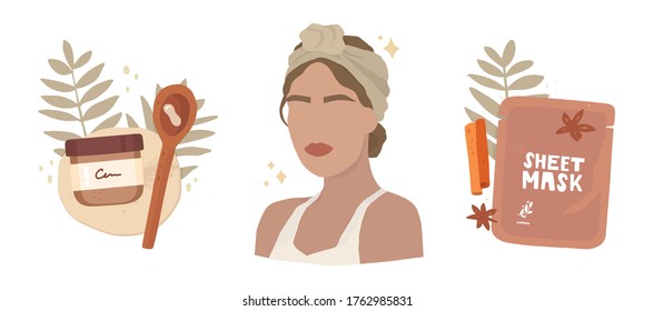 Vector illustrations set. Portrait of a woman with accessories on the head. Cosmetic packaging, cream, sheet mask. Background with leaves of tropical plants. Testing cosmetics, reviews, influencer