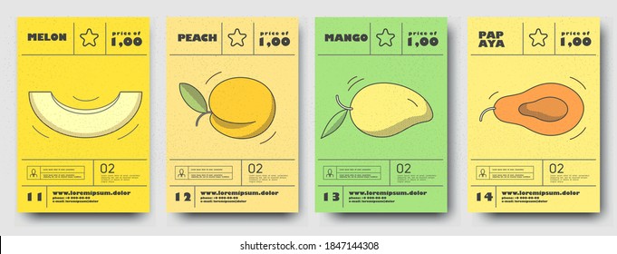 Vector illustrations. Set of posters or price tags for fruits. Peach, papaya, mango, melon.