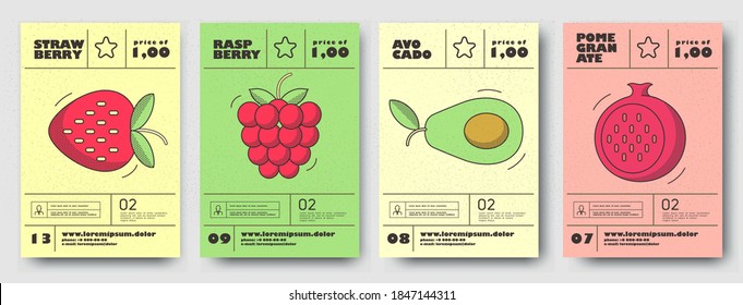 Vector illustrations. Set of posters or price tags for fruits. Pomegranate, strawberry, raspberry, avocado.