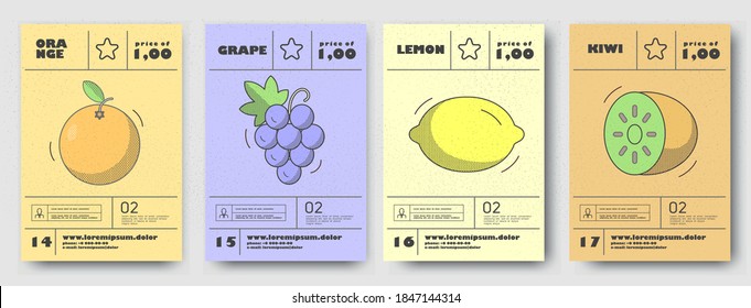 Vector illustrations. Set of posters or price tags for fruits. Orange, grapes, lemon, kiwi.