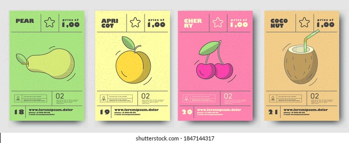 Vector illustrations. Set of posters or price tags for fruits. Pear, apricot, cherry, coconut.