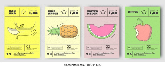 Vector illustrations. Set of posters or price tags for fruits. Banana, pineapple, watermelon, apple.