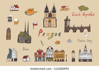Vector illustrations set of Prague, Czech republic travel landmarks 