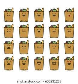 Vector illustrations set of product packets with emotions on white background. Emoji and smiles topic.