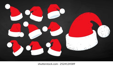 Vector illustrations set of Santa Hats on chalkboard background