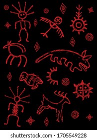 vector illustrations set of shamanic pagan symbols in vintage, ethnic and folk style at the black background
