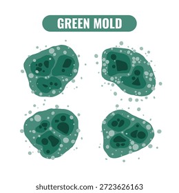 Conjunto de Ilustraciones vectoriales que muestran moho tóxico verde extendiéndose sobre superficies húmedas. Contaminación por moho y riesgos para la salud. 
