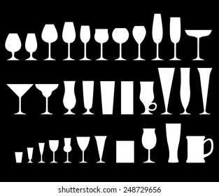 Vector illustrations set of silhouette of glass glasses for different drinks on black background