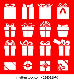 Vector illustrations of  set silhouette of white gift icon on red background