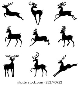 Vector illustrations of set of silhouettes of cute Christmas deer antlered
