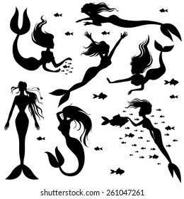 Vector illustrations of set silhouettes mermaids