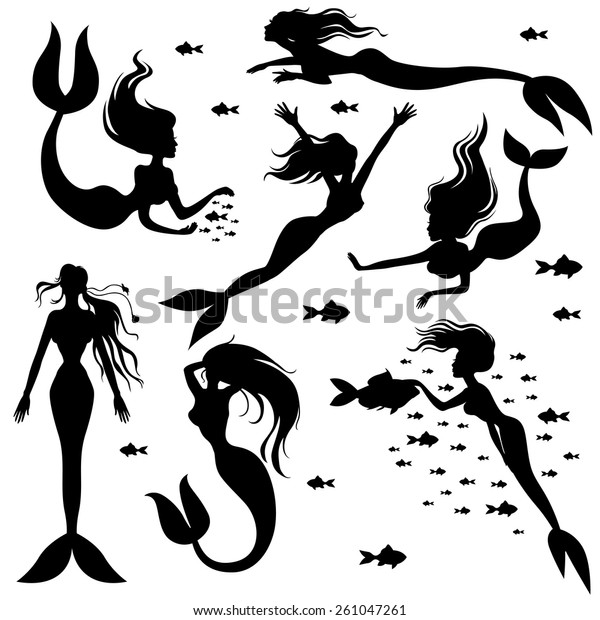 Vector Illustrations Set Silhouettes Mermaids Stock Vector (Royalty ...