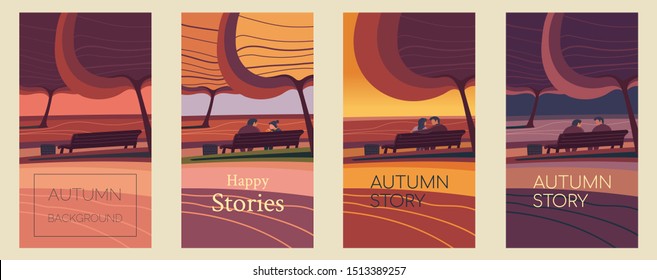 Vector illustrations set of social media stories in flat linear style, autumn landscape with characters talking on a bench in the park, design template for banner, cover, poster and greeting card