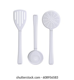 Vector illustrations set of such kitchenware and dishware as ladles on white background. Kitchen and food preparing topic.