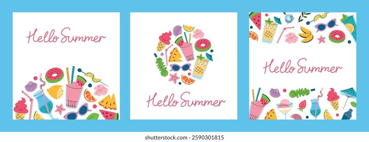 Vector illustrations set of summer greeting cards. Tropical vacation templates with fruit, ice cream, cocktails, beach accessories. Flat, cartoon style, bright and colorful travel banners collection