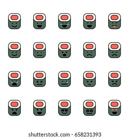 Vector illustrations set of sushi with emotions on white background. Emoji and smiles topic.