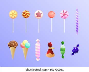 Vector illustrations set of sweets: candies, lollipops, ice cream