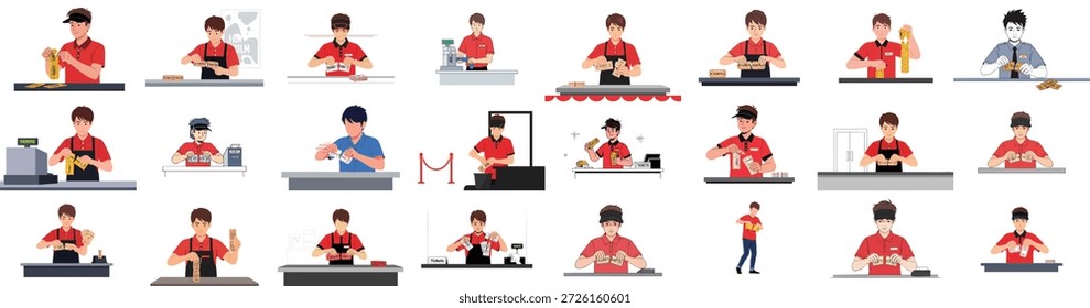 Ilustrações vetoriais de um conjunto de solicitadores, caixas e contínuos que validam e rasgam os ingressos em vários locais de entretenimento.