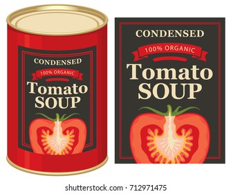 Vector illustrations set of tin cans with the label and labels for the condensed tomato soup with the image of a cut tomato